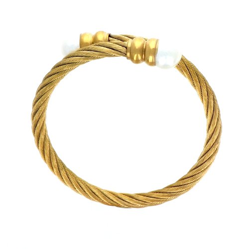 Bracelet double doré jonc et chaîne perles