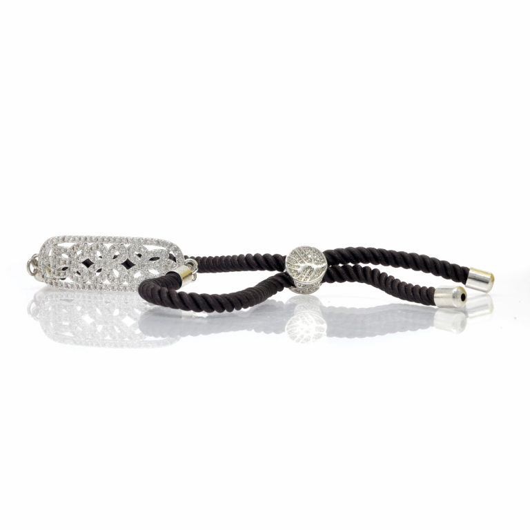 Bracelet acier cordon noir barette fleur zircon-3