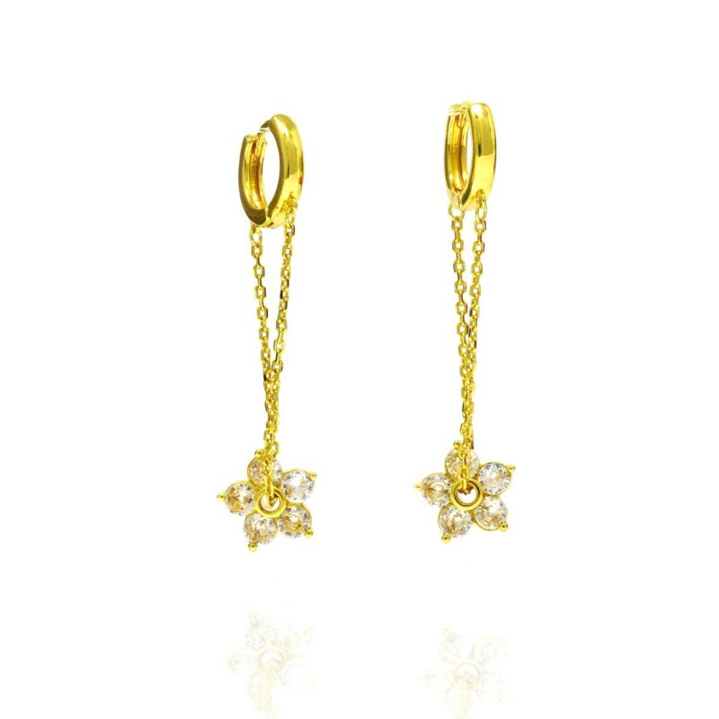 Boucles d'oreilles puce fleurs pendantes acier doré